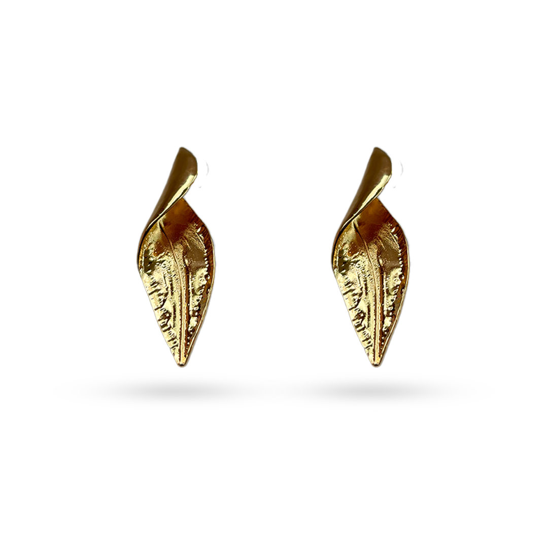 Gold Metal Folded Leaf Dangle Earrings