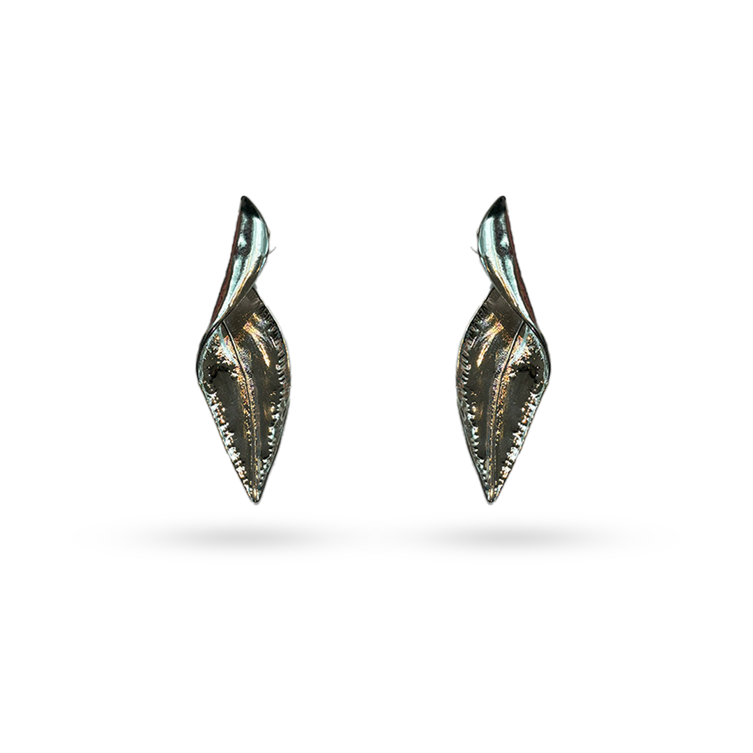 Silver Metal Folded Leaf Dangle Earrings